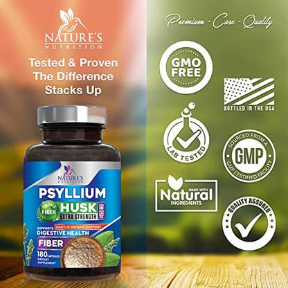 High Absorption Psyllium Husk Capsules 1450mg, Natural Soluble Fiber Supplement Non-GMO Nature's NutritionUS supplements