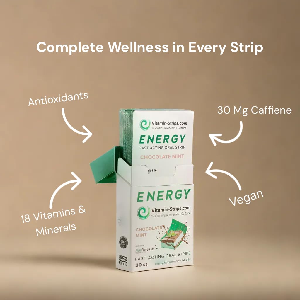Peak Performance Energy Strips — Vegan, Gluten Free, Soy Free & Sugar-Free Breath Strips w/Caffeine, 18 Vitamins & Minerals — Instant Energy Boost Chocolate Mint Dietary Supplement — 30 Oral Strips Vitamin-StripsAu supplements