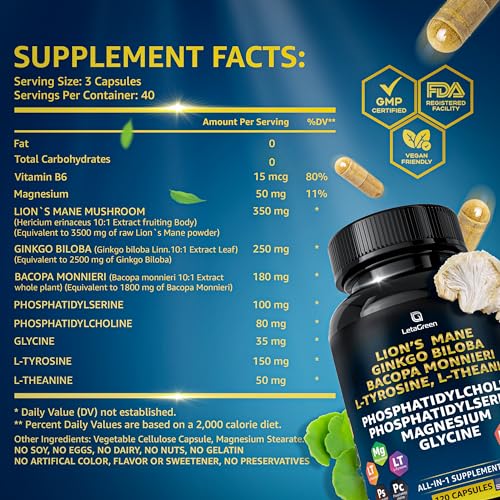 LetaGreen Organic Lions Mane Supplement Capsules - 120 Real Mushrooms Lion's Mane LetaGreenUS supplements