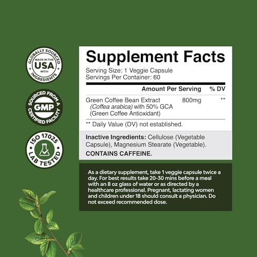 Pure Green Coffee Bean Extract - 800 mg Green Coffee Extract Caffeine Energy Pills Bio SenseUS supplements