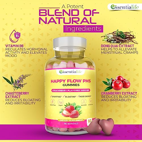 Happy Flow Strawberry-Flavor Chewable PMS Gummies | Hormone Balance Chasteberry EssentialifeUS supplements