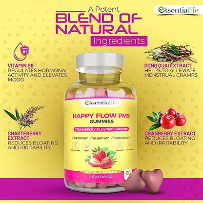 Happy Flow Strawberry-Flavor Chewable PMS Gummies | Hormone Balance Chasteberry EssentialifeUS supplements