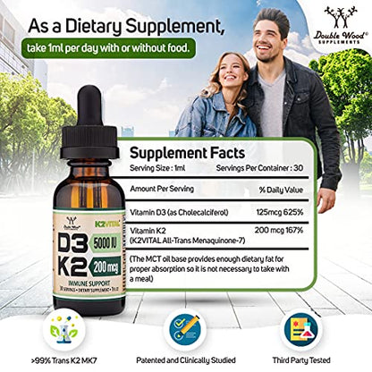Vitamin D3 K2 5,000 IU Liquid Drops (5,000 IU of D3 and 200mcg of 99.9% All-Trans Double Wood SupplementsUS supplements