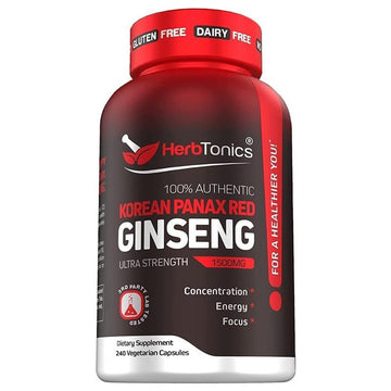 Herbtonics Korean Red Panax Ginseng 1500mg - Energy Supplement for Peak Performance, Focus & Vitality - High Potency Ginseng Root Extract - 240 Vegan Capsules HerbtonicsAu supplements