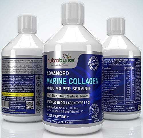 Marine Collagen Liquid 10000mg Sugar Free, Hydrolysed Peptides | Hyaluronic Acid, Biotin, Silica, Vitamin C, Vitamin D3 NUTRABYTESAu supplements