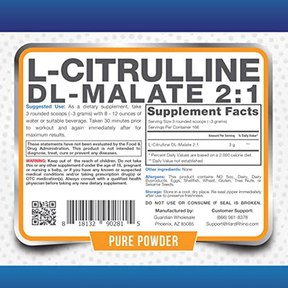 HR Supplements L-Citrulline DL-Malate 2:1 Powder, 1 Kilogram (2.2 Lbs), Unflavored Hard RhinoUS supplements