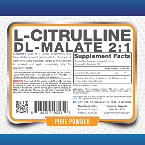 HR Supplements L-Citrulline DL-Malate 2:1 Powder, 1 Kilogram (2.2 Lbs), Unflavored Hard RhinoAu supplements