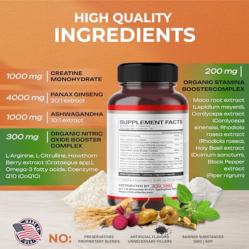 Ultra Creatine Pills Muscle Growth 9800mg Creatine Monohydrate Capsules w Ginseng ULTRA HERBSUS supplements