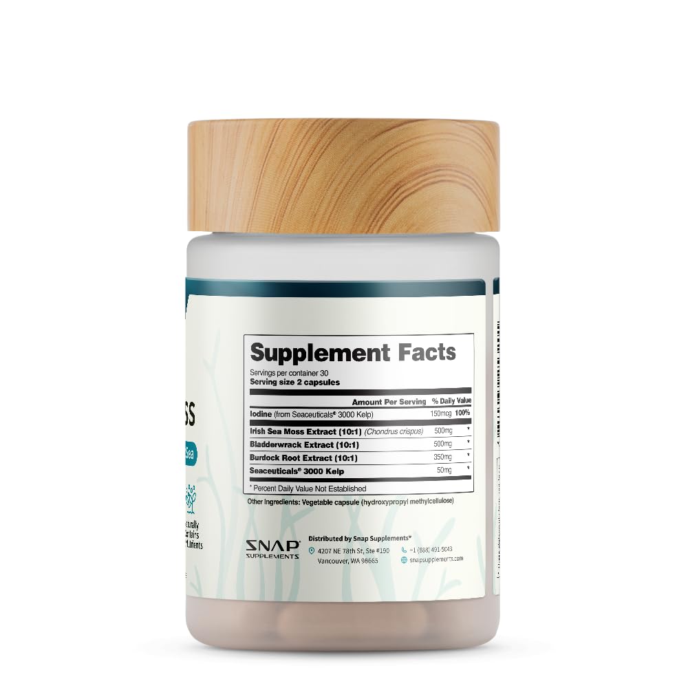 Snap Supplements Irish Sea Moss with Bladderwrack, Burdock Root & Iodine – Natural Sea Moss Supplement to Support Gut Health, Energy & Healthy-Looking Skin, 60 Vegan Capsules (1 Month Supply) Snap SupplementsAu supplements