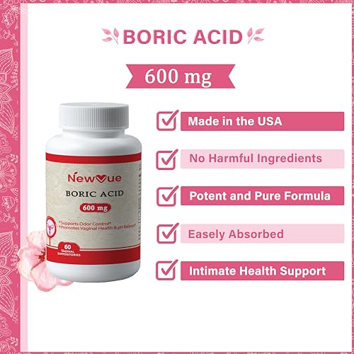 NewVue Boric Acid Vaginal Suppositories (600mg, 60 Count) Supports Vaginal pH Balance, Odor Control (USP Medical Grade Fine Powder, Easy Dissolve, Third Party Tested, Made in USA) NewVueAu supplements