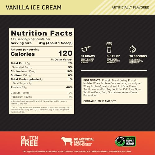 Optimum Nutrition Gold Standard 100% Whey Protein Powder, Vanilla Ice Cream, 10 Pound Optimum NutritionUS supplements