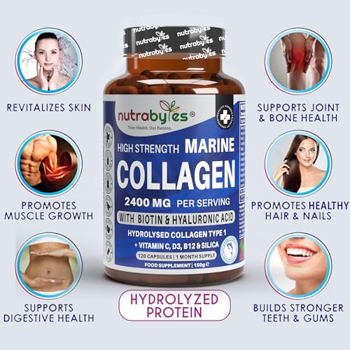 High Strength Marine Collagen 2400mg with Hyaluronic Acid 100mg, Biotin, Vitamin C, D3, B12 and Silica NUTRABYTESUS supplements
