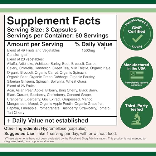 Fruits and Veggies Supplement (Daily Blend of 49 Different Fruits and Vegetables, 23 Veggies and 29 Fruits) 1,500mg Servings, 180 Capsules (No Fillers, Vegan Safe, Non-GMO) by Double Wood Double Wood SupplementsAu supplements