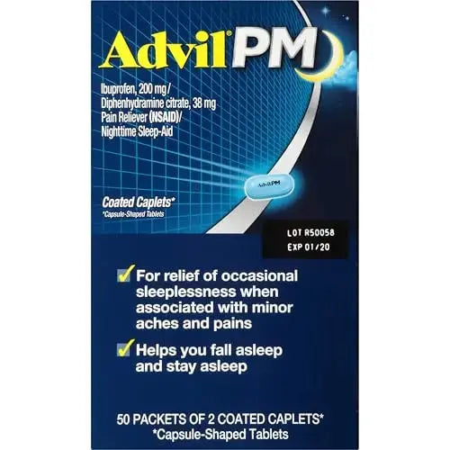 Advil PM Pain Reliever and Nighttime Sleep Aid, Pain Medicine with Ibuprofen for Pain Relief and Diphenhydramine Citrate for a Sleep Aid - 50x2 Coated Caplets AdvilAu supplements