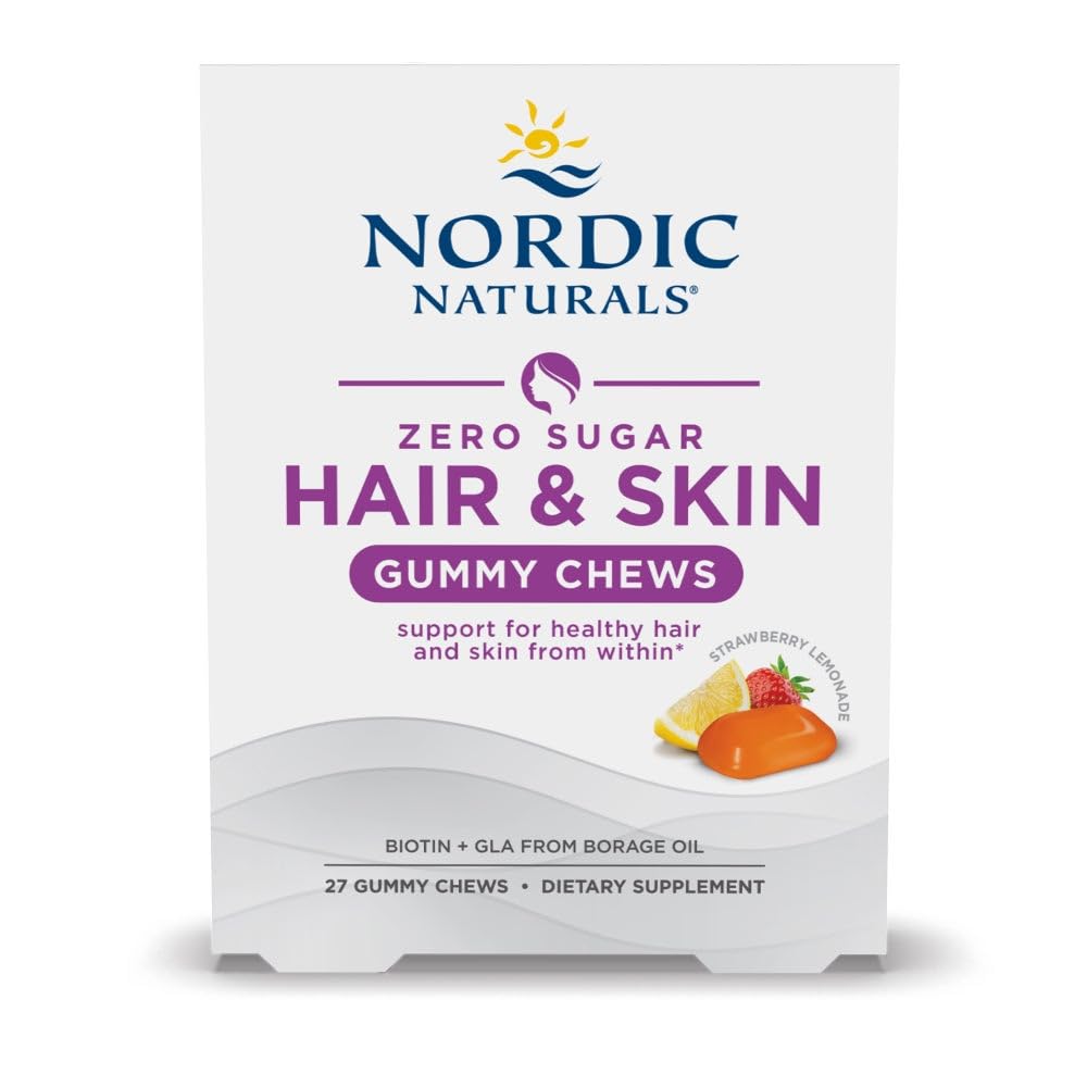Nordic Naturals Zero Sugar Hair & Skin Gummy Chews, Strawberry Lemonade - 27 Gummy Chews - Biotin + GLA from Borage Oil - Promotes Healthy Balance of Fats in Skin - Non-GMO - 27 Servings Nordic NaturalsAu supplements