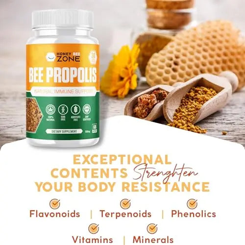 HONEYBEEZONE-Bee Propolis Capsules – 100% Natural Energy and Immune Support Supplement | Non-GMO, Gluten-Free, 60 Easy-to-Swallow Veggie Capsules HONEYBEEZONEnz supplements