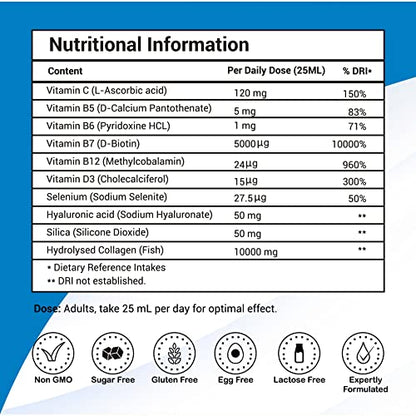 Marine Collagen Liquid 10000mg Sugar Free Berry Flavour, Hydrolysed Peptides, Hyaluronic Acid, Biotin, Silica, Vitamin C, Healthy Skin PharmanostixUS supplements