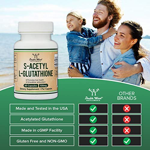 S-Acetyl L-Glutathione Capsules - 100mg, Manufactured and Tested in The USA, 60 Count Double Wood SupplementsUS supplements