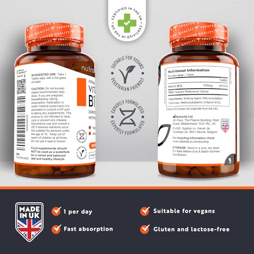 Vitamin B12 1000mcg - 365 High Strength Vegan Tablets (1 Year Supply) - Max Strength NutravitaUS supplements