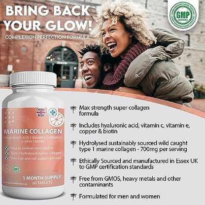 Hydrolysed Marine Collagen 700mg with Hyaluronic Acid, Vitamin C, Vitamin E, Copper & Biotin G R O U N D E D COFFEE SCRUBUS supplements