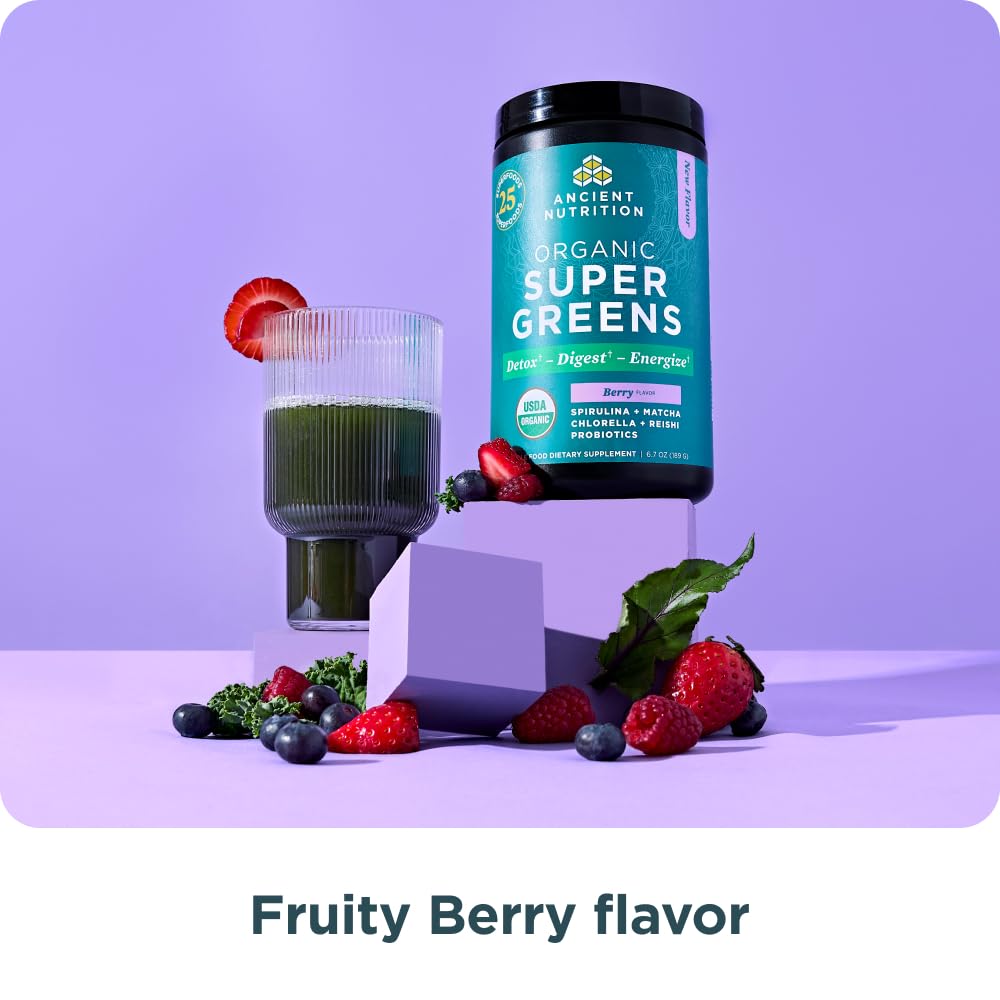 Ancient Nutrition SuperGreens Powder with Probiotics, Organic Berry Flavor Greens, Made from Real Fruits, Vegetables and Herbs, Digestive and Energy Support, 25 Servings, 6.7oz Ancient NutritionAu supplements