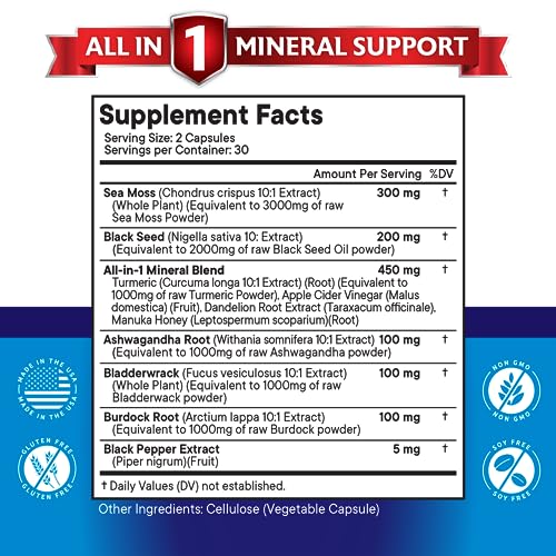 Silica Sea Moss 3000mg Black Seed Oil 2000mg Ashwagandha 1000mg Turmeric 1000mg NEW AGEUS supplements
