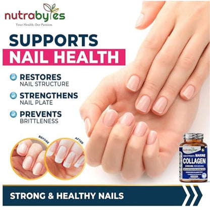 High Strength Marine Collagen 2400mg with Hyaluronic Acid 100mg, Biotin, Vitamin C, D3, B12 and Silica NUTRABYTESUS supplements