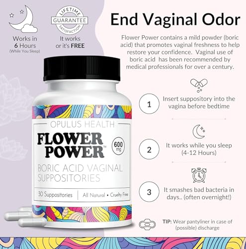Flower Power Vegan Boric Acid Suppositories - 30 Capsules - 600mg for Vaginal Odor and pH Balance Flower PowerAu supplements