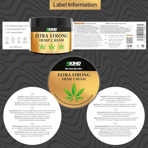 5kind Extra Strong Hemp Cream 6.76 fl oz - Maximum Strength - Natural Topical Cream - Muscle Rub for Lower Back, Joints, Neck, Knees, Shoulders 5kind clinical skincareAu supplements
