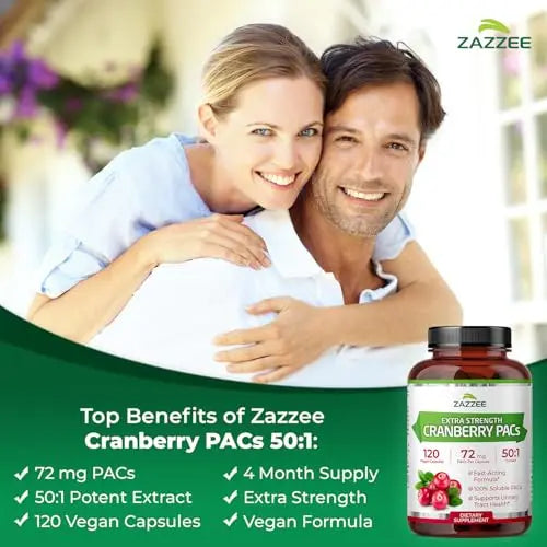 Zazzee Cranberry PACs, 72 mg PACs per Capsule, 2X Strength, 100% Soluble, 120 Vegan Capsules, 50:1 Extract, 18,200 mg Strength, Fast-Acting, Effective Urinary Tract Support, Made in The USA ZazzeeAu supplements