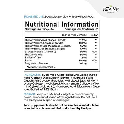 Multi Collagen Protein Capsules - Types I, II, III, V & X - Hydrolysed Grass Fed Bovine, Wild Caught Marine Revive NaturalsUS supplements