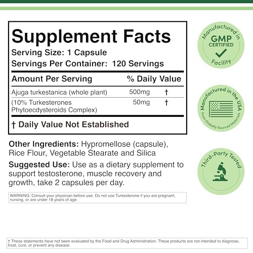 Turkesterone Supplement 500mg, 120 Capsules (Ajuga Turkestanica Extract Std. to 10% Turkesterone) Similar to Ecdysterone for Men's Health Support (Manufactured and Tested in the USA) by Double Wood Double Wood SupplementsAu supplements