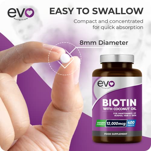 Biotin Hair Growth Supplement 12,000mcg with Coconut Oil | 400 High Strength Tablets EVO NUTRITIONUS supplements