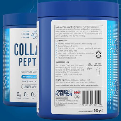 Applied Nutrition Collagen Peptides Powder - Hydrolysed Bovine Collagen Protein, Halal, Healthy Skin, Hair, Nails (Unflavoured) (300g - 15 Servings) Applied NutritionUS supplements