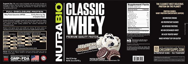 NutraBio Classic Whey Protein Powder- 25G of Protein Per Scoop - Ice Cream Cookie NutraBioUS supplements