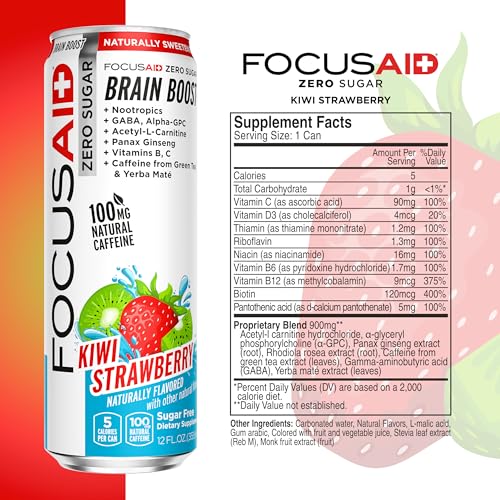FOCUSAID ZERO SUGAR Nootropics Blend, Alpha-GPC, GABA, 100mg Natural Caffeine from Green Tea, Yerba Mate, Vitamin B-Complex, Keto-Friendly, No Artificial Sweeteners, 12 Fl Oz (Pack of 24) LIFEAIDAu supplements