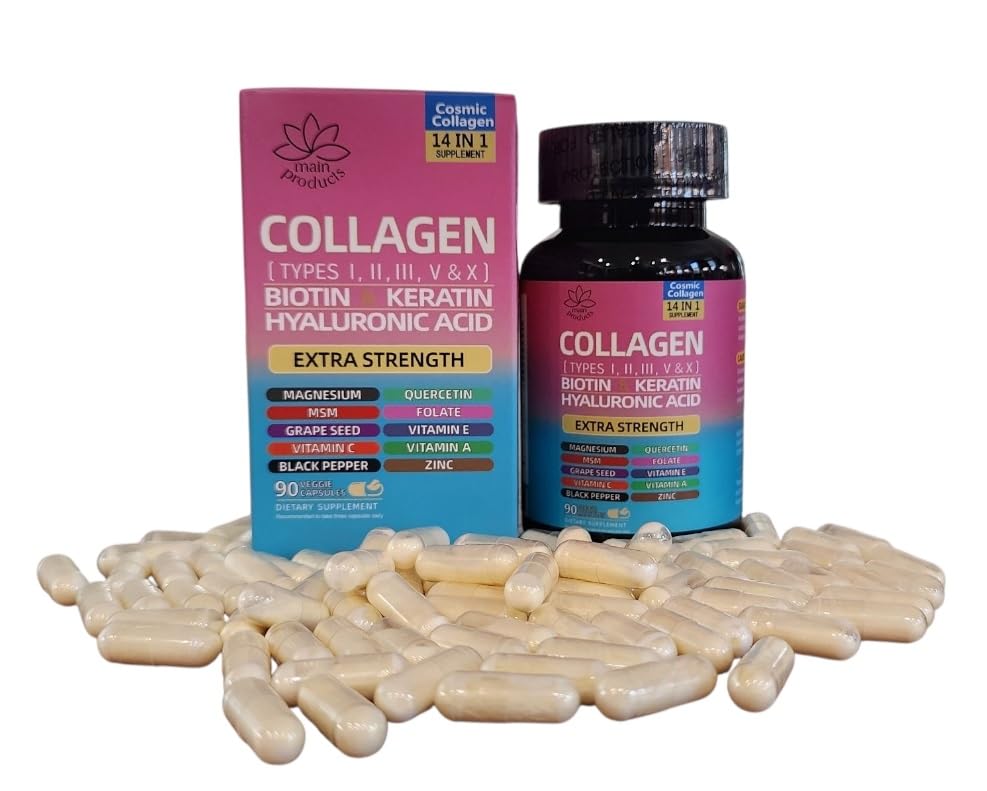 Collagen Peptides Types I, II, III, V & X, 64000 MCG, 14 in 1, Biotin, Keratin, Hyaluronic Acid, Magnesium, MSM, Grape Seed, Vitamin A C & E, Black Pepper, Quercetin, Folate, Zinc (90 Veggie Caps) Main ProductsAu supplements