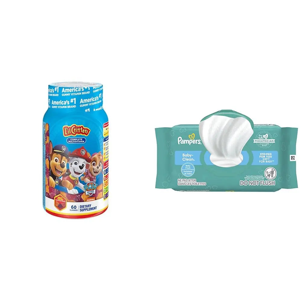 L'il Critters Paw Patrol Gummy Vites Daily Gummy Multivitamin for Kids, 60 Gummies and Pampers Baby Clean Wipes, 1 Flip-Top Pack (72 Wipes) Lil CrittersAu supplements