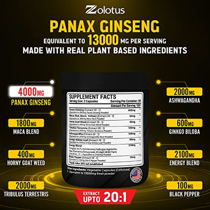 Premium Panax Ginseng 14 in 1, 13X Potency, High Strength Capsules with Horny Goat Weed ZolotusUS supplements
