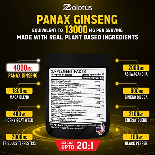 Premium Panax Ginseng 14 in 1, 13X Potency, High Strength Capsules with Horny Goat Weed ZolotusUS supplements
