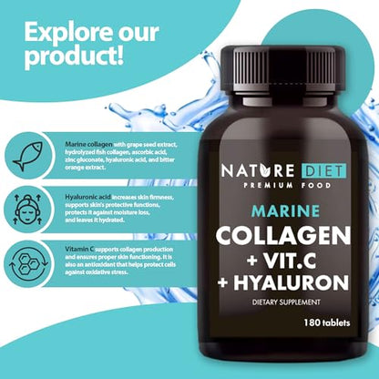 Nature Diet - Marine Collagen with Hyaluronic Acid and Vitamin C, 180 tablets, 500 mg , Peptan F , Fish Collagen Nature DietUS supplements