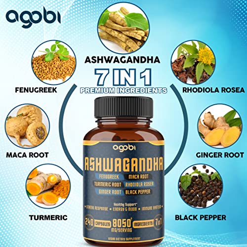 240 Capsules - 8 Month Supply - 7in1 Ashwagandha 8050mg - Combined With Fenugreek agobiAu supplements