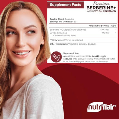 NutriFlair Premium Berberine HCL 1200mg, 120 Capsules - Plus Pure True Ceylon Cinnamon NutriFlairUS supplements