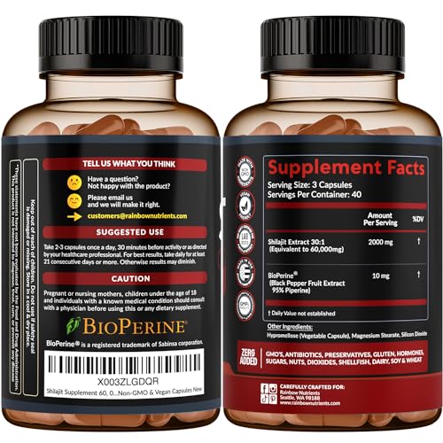 Pure Himalayan Shilajit Capsules Supplement (60,000mg+ Absorption Enhancer+50% Rainbow Nutrients, LLCUS supplements