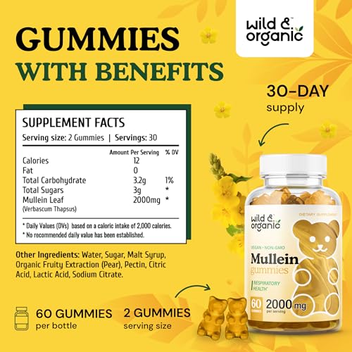 Wild & Organic Mullein Gummies - Daily Dietary Supplement for Respiratory, Digestive Wild & OrganicUS supplements