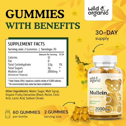 Wild & Organic Mullein Gummies - Daily Dietary Supplement for Respiratory, Digestive Wild & OrganicUS supplements