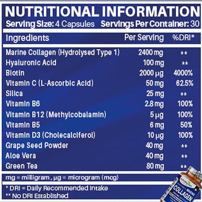 High Strength Marine Collagen 2400mg with Hyaluronic Acid 100mg, Biotin, Vitamin C, D3, B12 and Silica NUTRABYTESUS supplements
