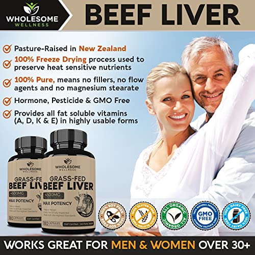 Grass Fed Desiccated Beef Liver Capsules (180 Pills, 750mg Each) - Natural Iron, Vitamin A Wholesome WellnessUS supplements