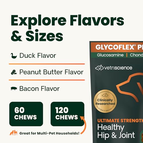 VetriScience Ultimate Strength Healthy Hip & Joint Chews, GlycoFlex Glucosamine, Chondroitin and Green-Lipped Mussel Joint Support Supplement for Dogs, Soothe Joint Discomfort, Duck, 120 Count VETRISCIENCEAu supplements