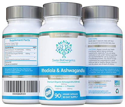 Rhodiola & Ashwagandha with L-Theanine - Award Winning Ashwagandha KSM-66 600mg swiss bioenergeticsUS supplements